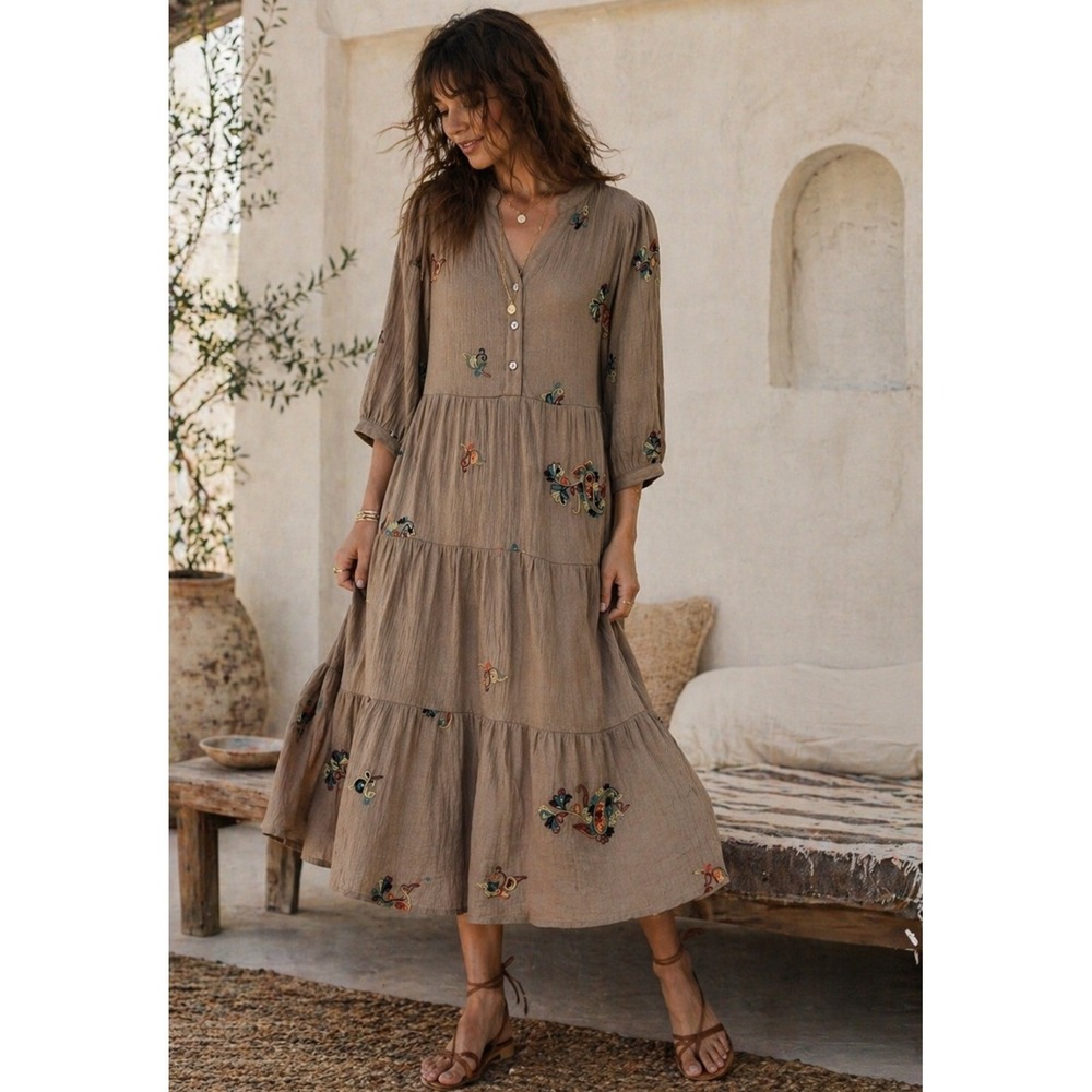 Fig + Flower Tiered Midi Dress Women SMALL Embroidered FLORAL PAISLEY Boho Taupe